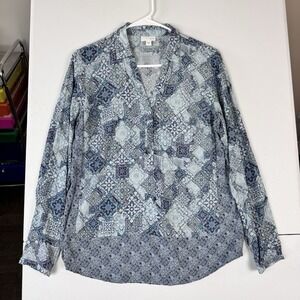J. Jill Blue Purple Tile Paisley Rayon Long Sleeve Tunic Blouse Womens Small